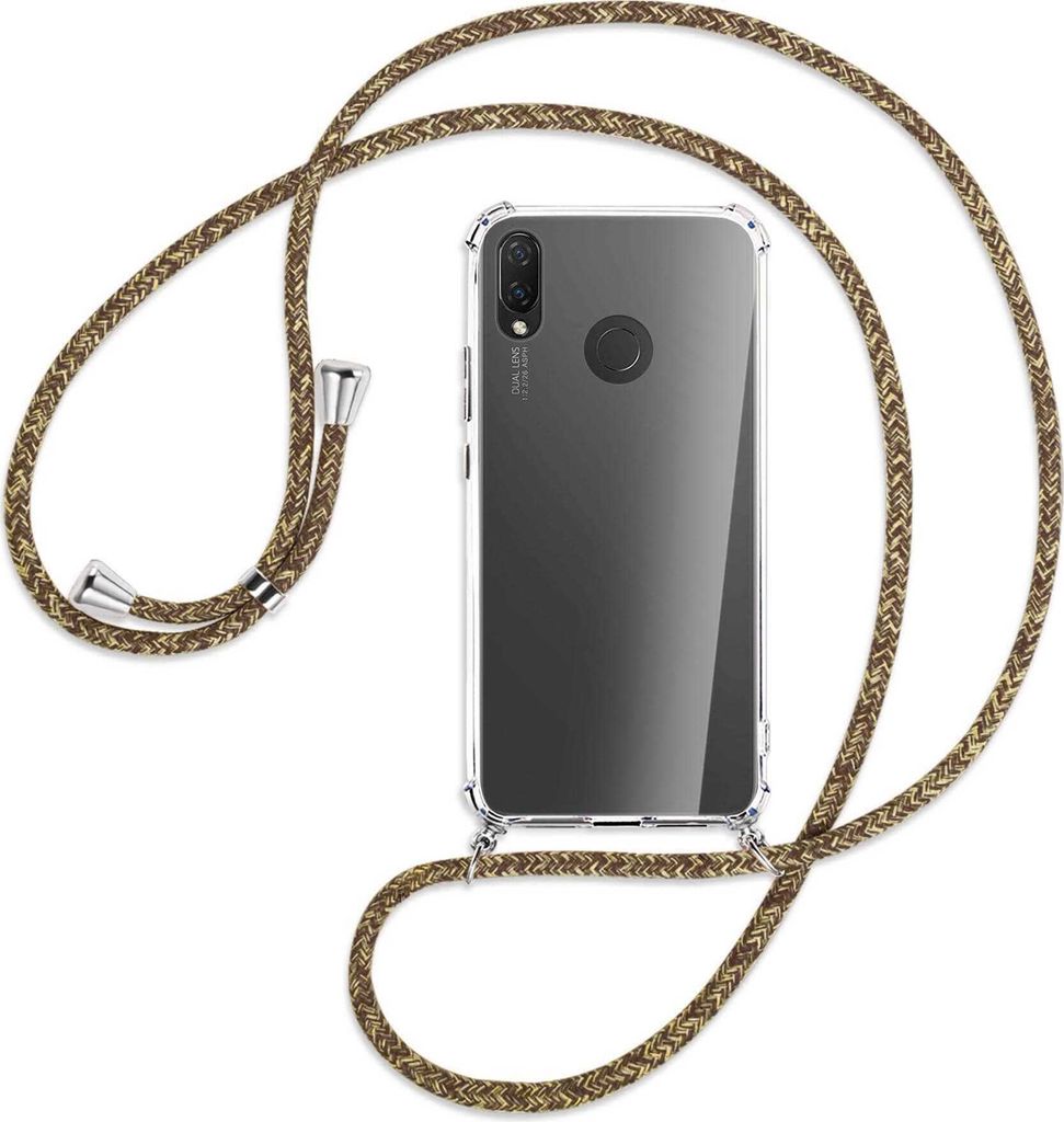 Handykette Backcover-Schutzhülle mit Band (Metall silberfarben) für Huawei P Smart Plus, nova 3 / 3i - braun+beige