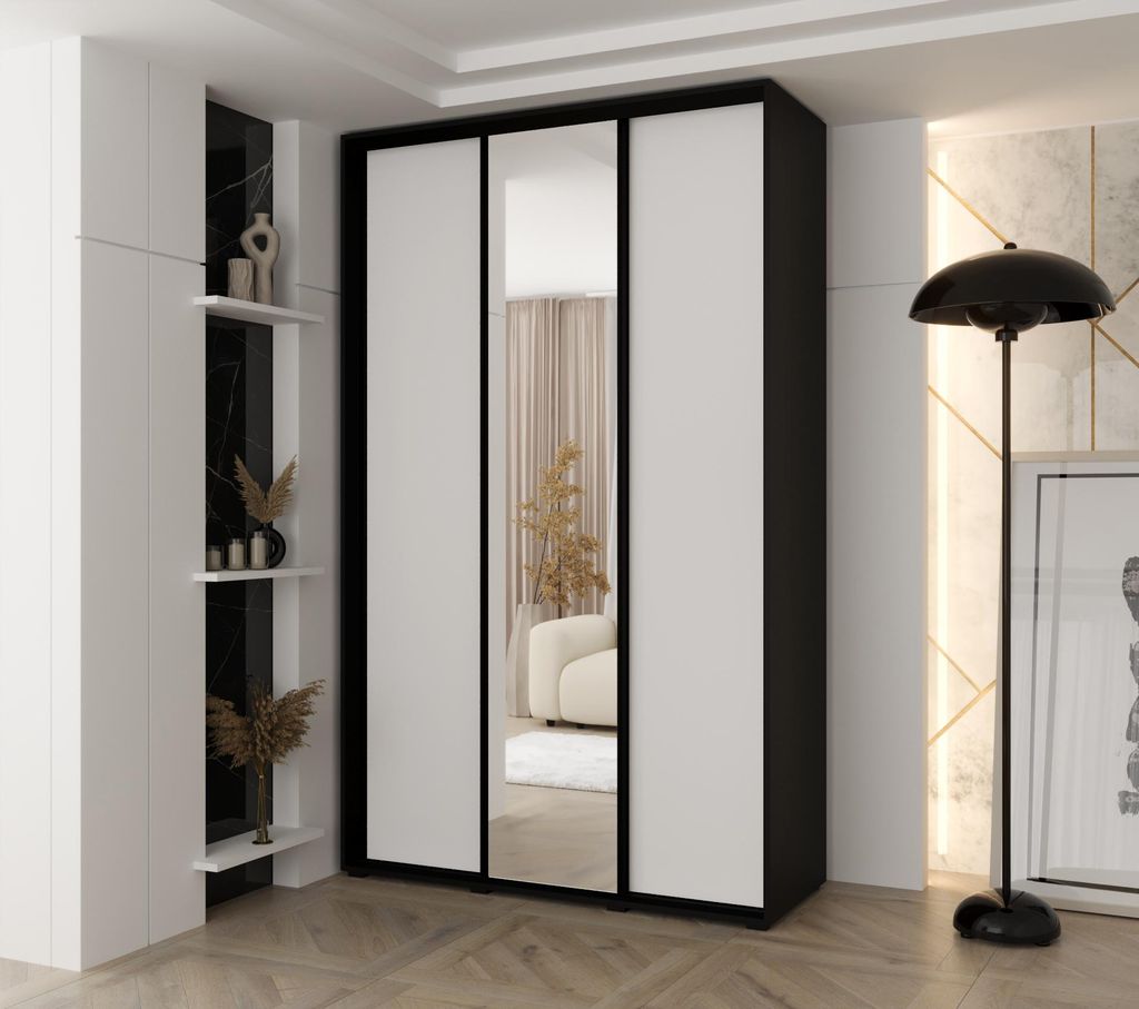 MINIO go for it, Kleiderschrank VADO, 160x235,2x60 cm, 3 Schiebetüren (1 Spiegel), 10 Einlegeböden, 2 Metallstangen, Schwarz/Weiß matt