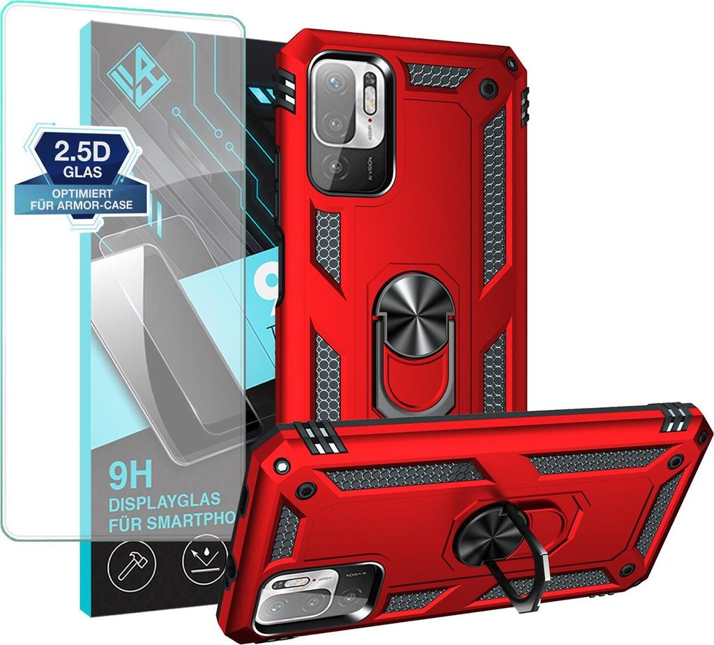 Armor Outdoor Handyhülle für Xiaomi Redmi Note 10 5G Handy Panzer Case Schutzhülle mit 9H Displayglas Displayschutz Farbe: Rot