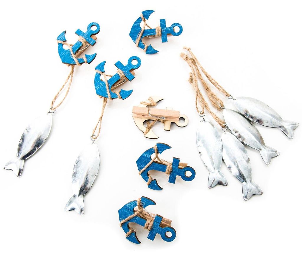 12 Teile Set maritime Deko: 12 blaue Holz Anker Dekoklammern + 12 silber farbene Blech Fisch Anhänger: Tischdeko Kommunion Hochzeit Party Geburtst...