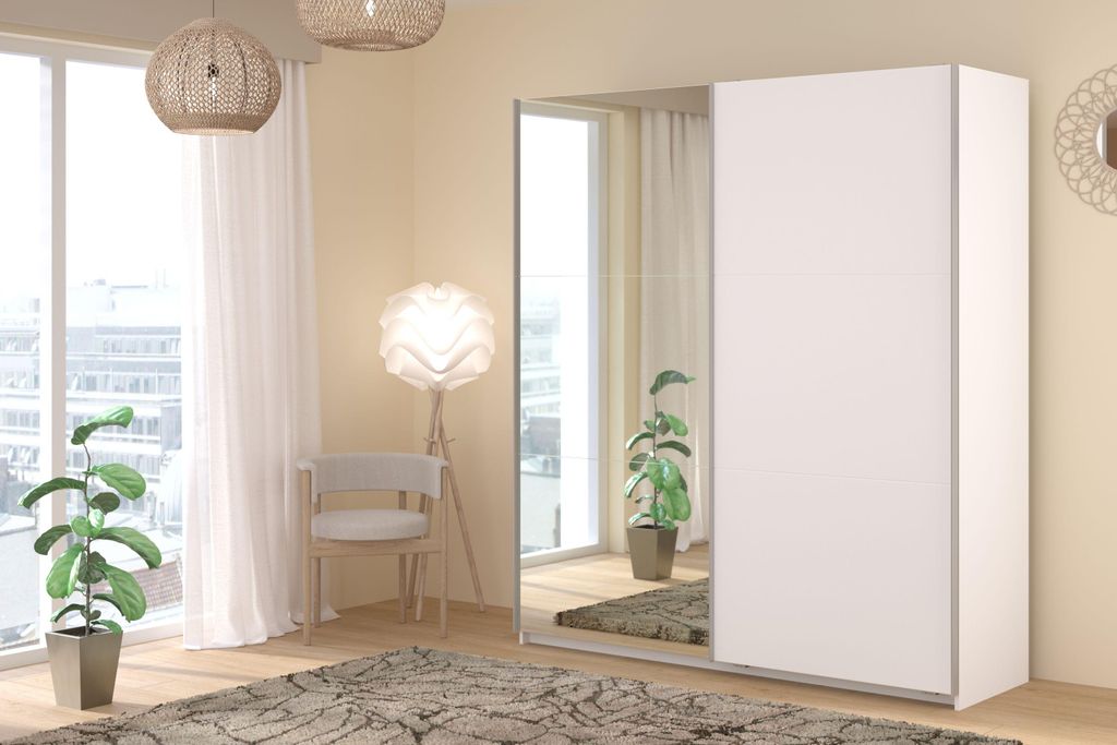 Kleiderschrank Swing 4 Weiß 178x203x59 cm – Schwebetürenschrank mit Spiegeltür & Stauraum