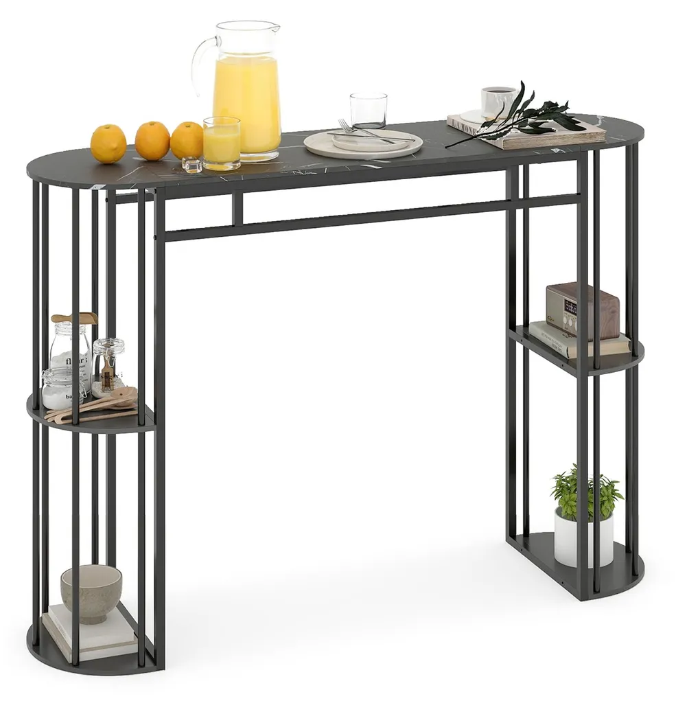 Table de bar COSTWAY 150 cm avec rangement et 4 étagères en métal noir
