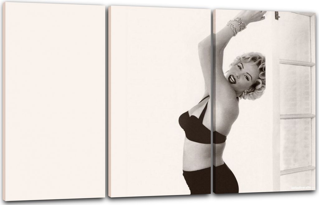 Leinwandbild 3-teilig (120x80cm): Marilyn Monroe super sexy schwarzer BH an Fenster-Rahmen, echter Holz-Keilrahmen inkl. Aufhänger, handgefertigt ...