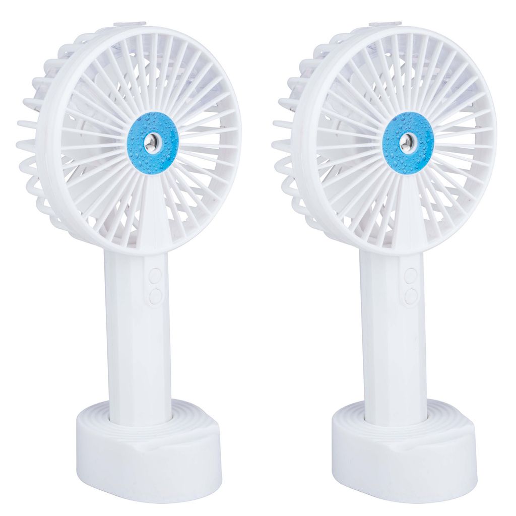 Two white portable spray fans are shown side-by-side against a white background.