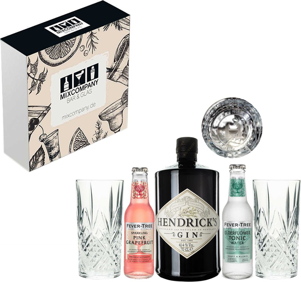 Hendricks Geschenkset - Handcrafted Gin 0,7L (44% Vol.) + 2 x Original Hendricks Longdrink Gläser (nicht geeicht) + Fever Tree Pink Grapefruit 0,2...