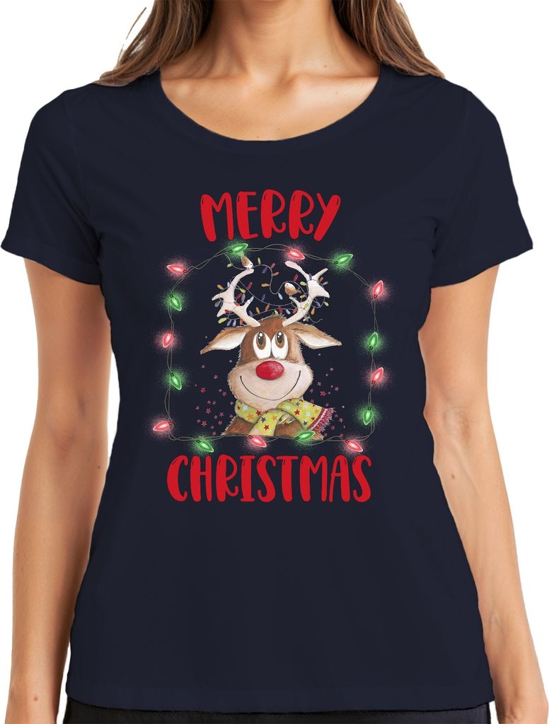 Merry Christmas Rentier Lichterkette - Weihnachten Weihnachtsgeschenk Christmas Damen T-Shirt, Navy, M