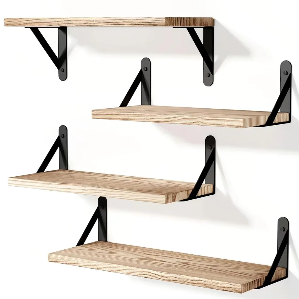 Étagère murale cuisine et salle de bains, lot de 4 supports bois et métal
