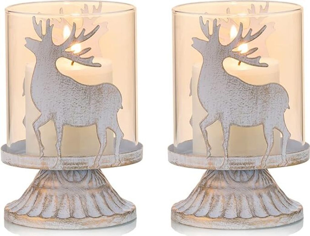 2er Set Vintage Kerzenleuchter Windlichthalter aus Metall für Stumpenkerzen, Hurricane Kerzenständer Dekoration für Party Weihnachten Tisch, Hirsch