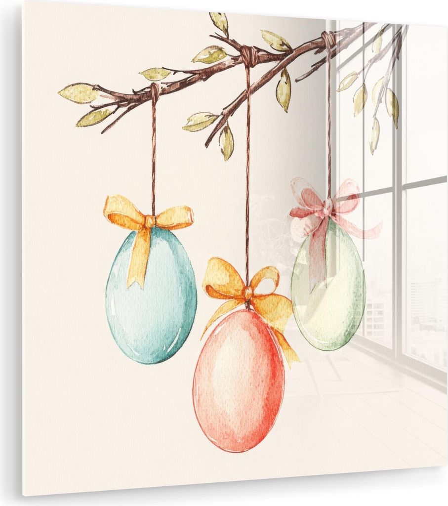 MuchoWow Glasbilder - Bilder auf Wandbild - Foto auf Glas Osterkuchen - Schleife - Eier 30x30 cm Wanddekoration aus Glas - Acrylglasbild - Acrylbilder