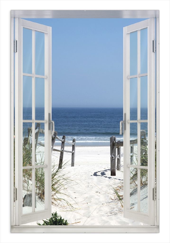 Wallario Wandbild mit Fenster-Illusion: Blick auf Strand, Größe: 61 x 91,5 cm, Poster mit rahmenlosen Bildhalter
