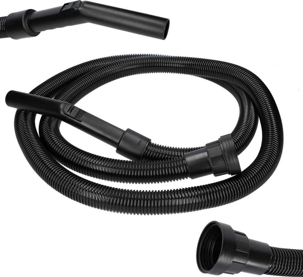 A black flexible vacuum cleaner hose with two attachments, shown against a white background.