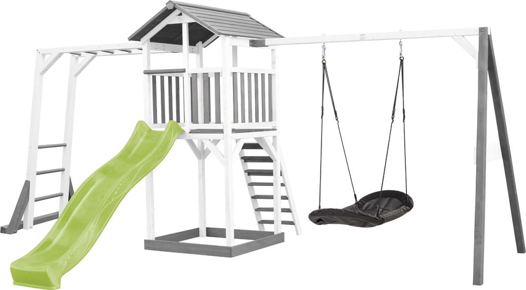 AXI Beach Tower Spielturm aus Holz in Weiß & Grau | Spielhaus für Kinder mit hellgrüner Rutsche, Klettergerüst, Nestschaukel und Sandkasten | S...