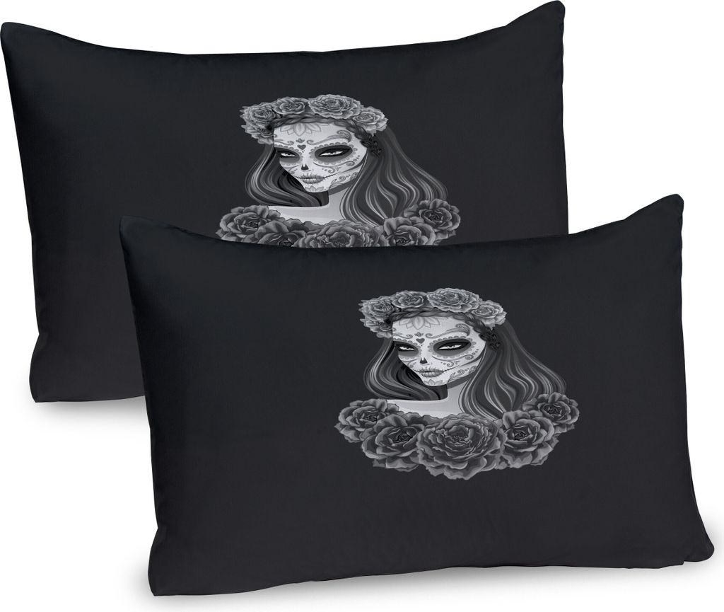 ABAKUHAUS Tag der Toten Kissenbezug Packung mit 2, Gotisches junges Mädchen in Calavera bilden Frisur mit Rosen, Dekorativer Gedruckter Kissenbezu...