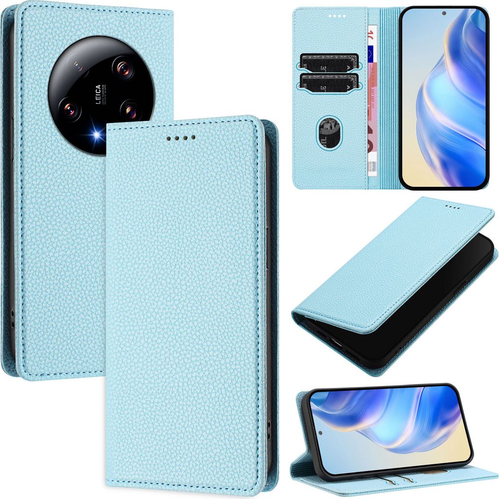 Litchi Leder Handyhülle für Xiaomi 13 Ultra Wallet Kartenfächer Standfunktion Hülle Hellblau