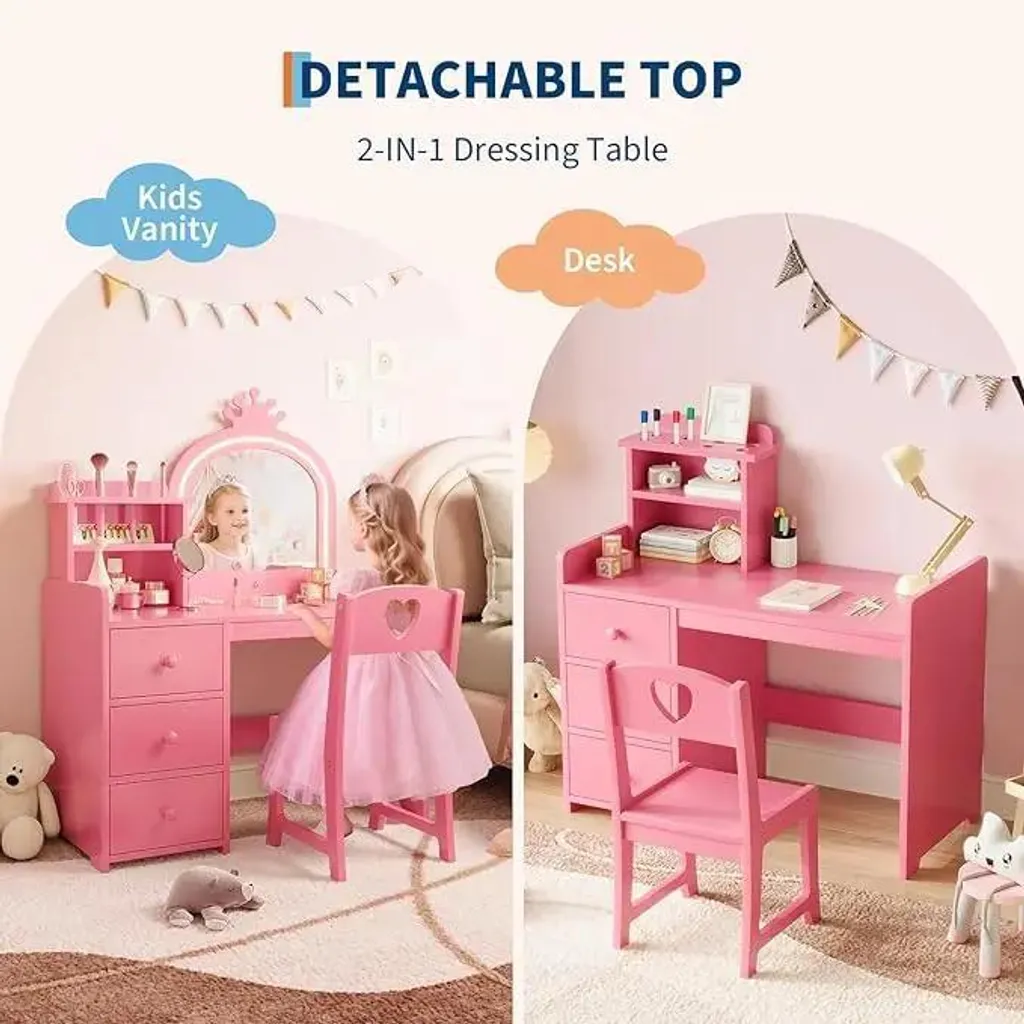 Coiffeuse pour enfants avec miroir éclairé et structure en métal rouge - 4