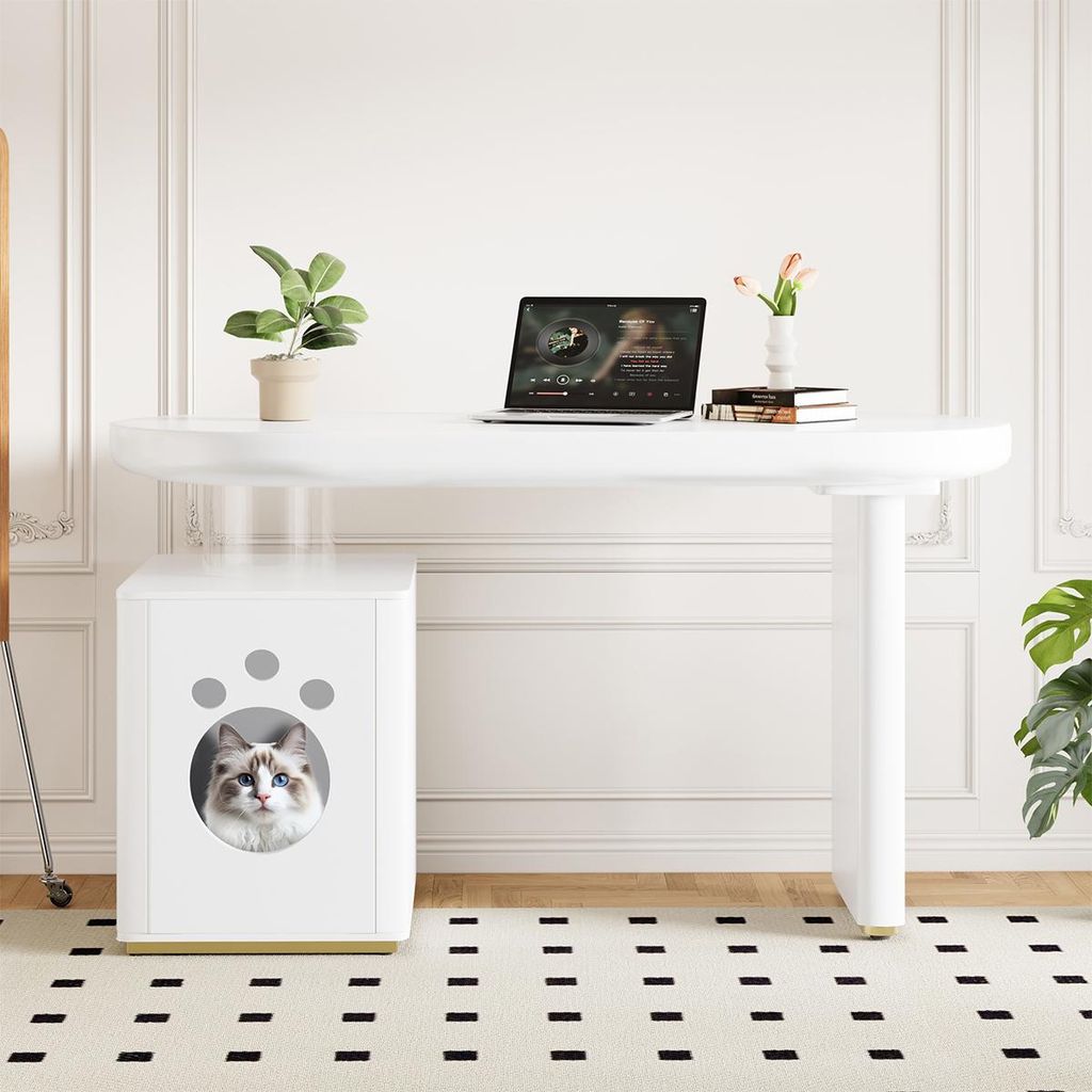 Schreibtisch mit Haustierbett Stabil und Modern Computer-Schreibtisch Haustiergrößen M–XL 117 × 50 × 76 cm Weiß