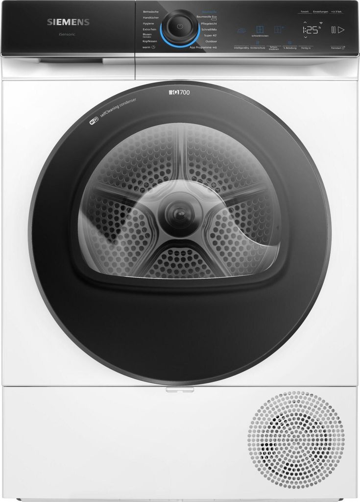 A front view of a white Siemens heat pump dryer.