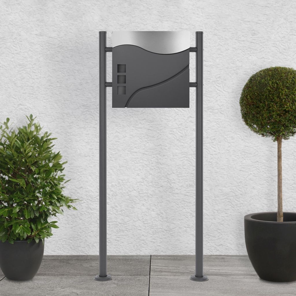 ECD Germany Briefkasten mit Zeitungsfach, 37x36,5x10,5 cm, Anthrazit/Silber, inkl. Ständer