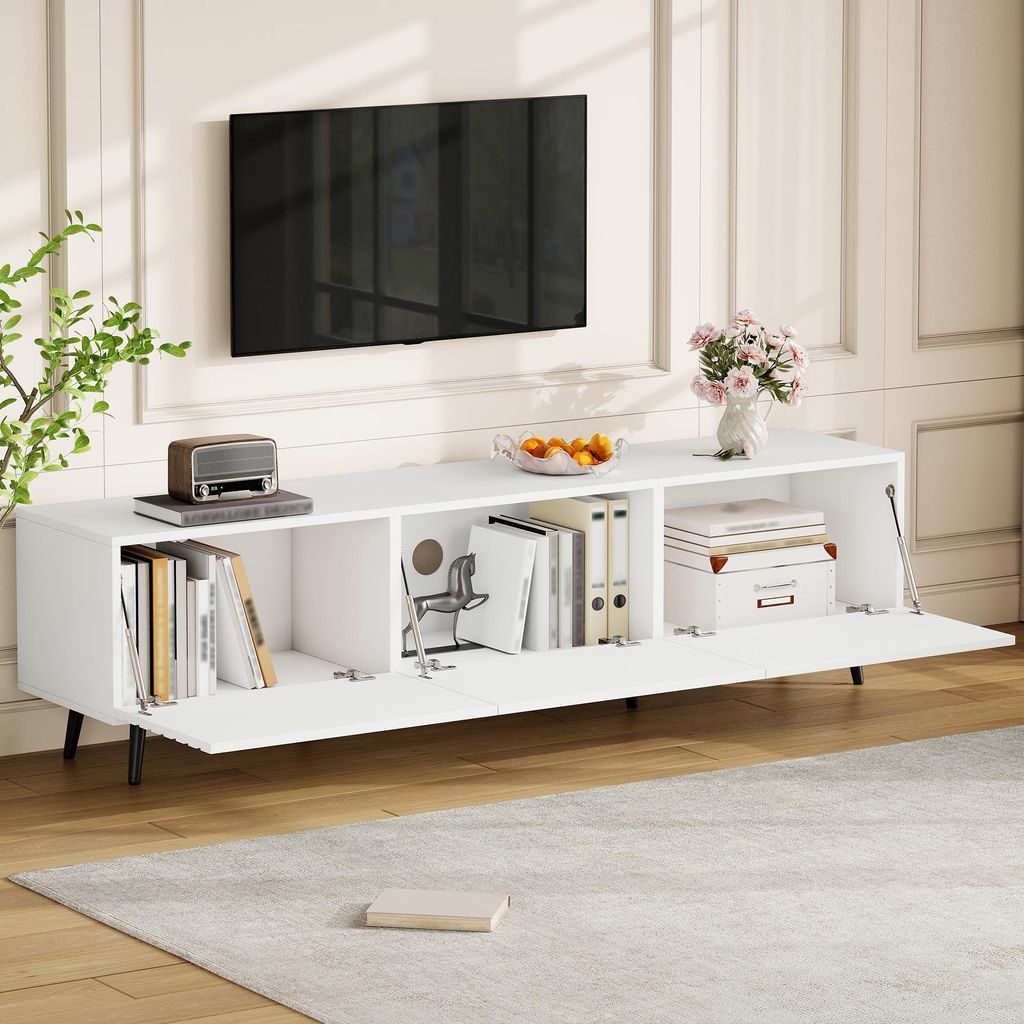 okwish TV-Schrank TV-Lowboard mit 3 Klapptüren 3D Design Wohnzimmerschrank mit Viel Stauraum geeignet für Fernseher um die 80 Zoll Weiß