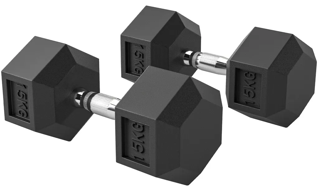 Haltères hexagonaux en fonte 2 x 15 kg avec poignée moletée antidérapante