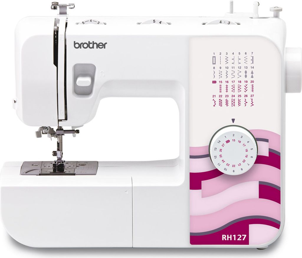 A white Brother sewing machine with pink and purple wave accents on the side panel.