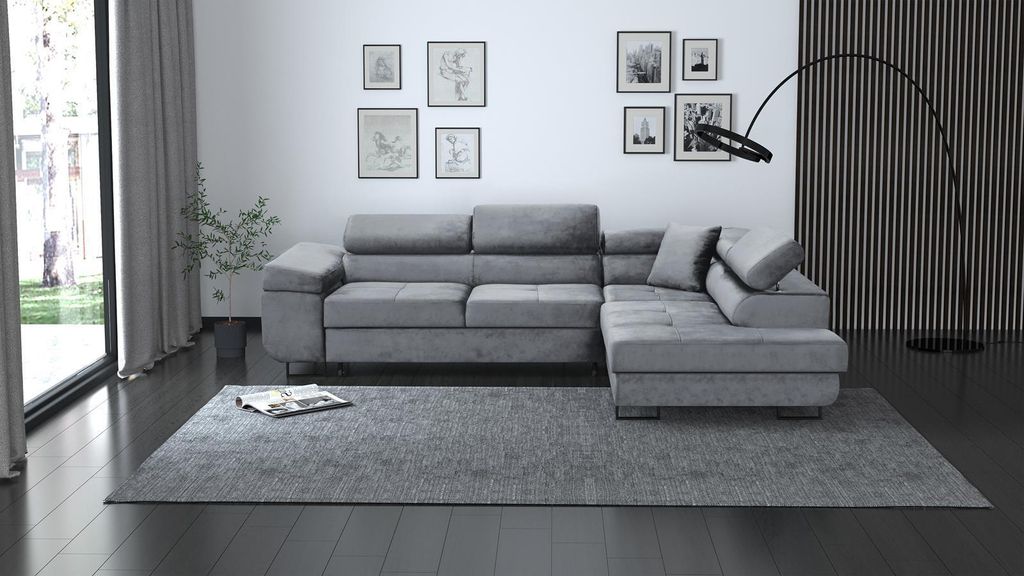 L-Förmiges Ecksofa Waldo für Wohnzimmer, gepolstertes Schlafecke mit Bettkasten (Stoff: monolith 85 - hellgrau, Ottomane: rechts)
