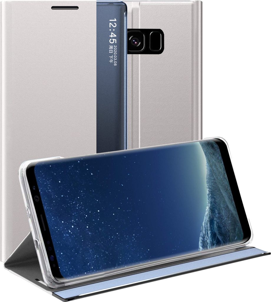 Galaxy S8 Hülle, LaimTop Slim Flip Leder Smart View Window Klappetui Schutzhülle mit Standfunktion für Samsung Galaxy S8 Silber