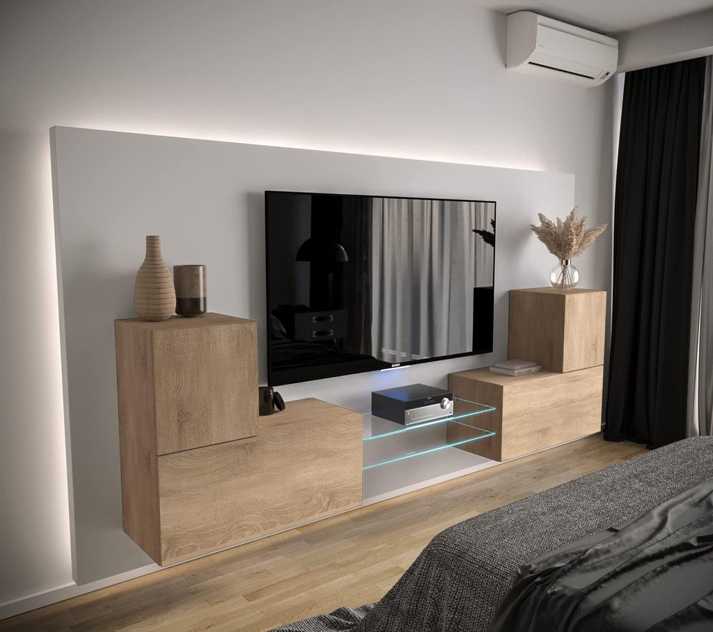 Furnitech Wohnwand Wohnzimmer - Wohnzimmer Möbel mit LED RGB - 16 Farben - Hängend Wohnwand Modern - Regale und TV Schrank (AN96-21S-M5 1A)