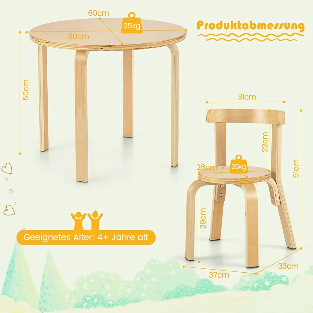 COSTWAY Ensemble Table et 4 Chaises pour Enfants en Bois de Peuplier