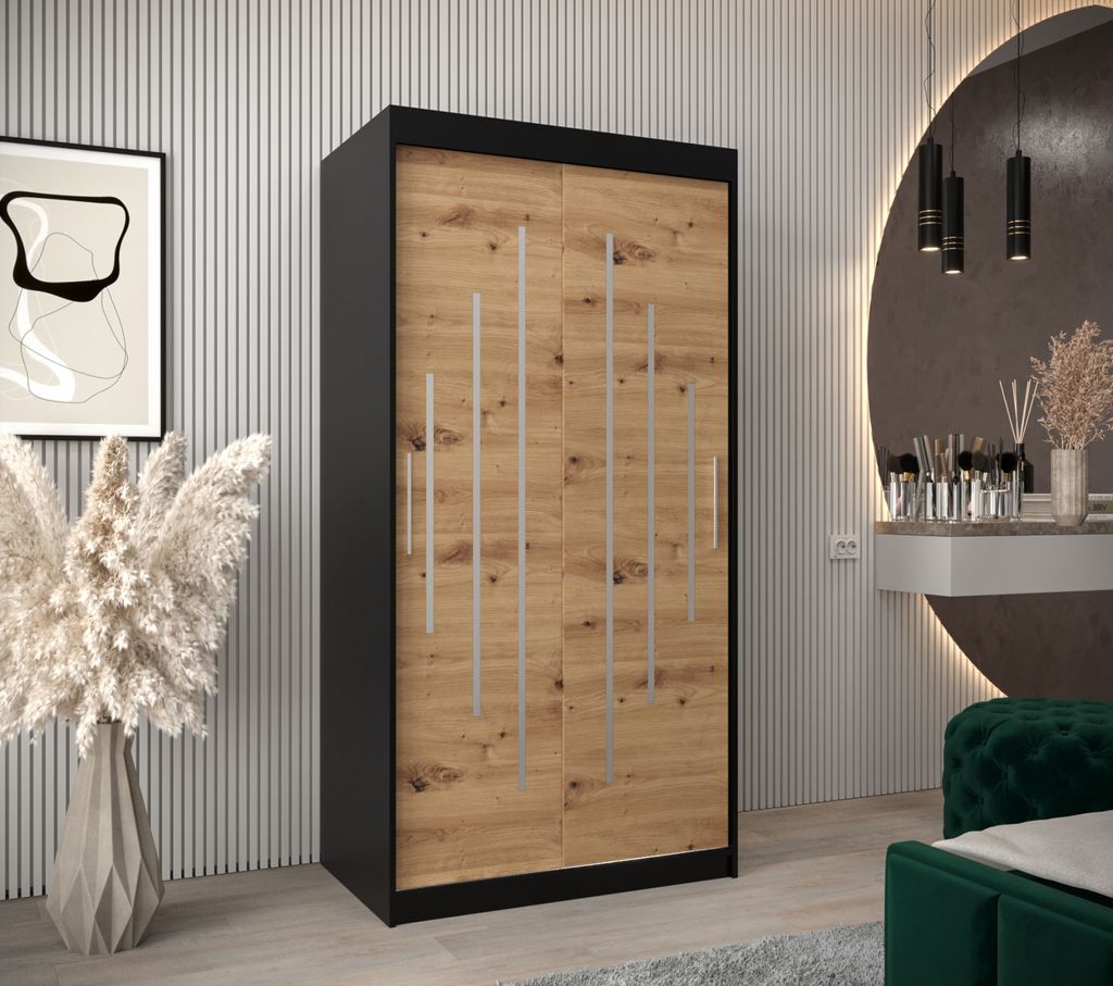 Kleiderschrank MIA – Breite 100 cm, schwarz/Eiche handwerklich gefertigt
