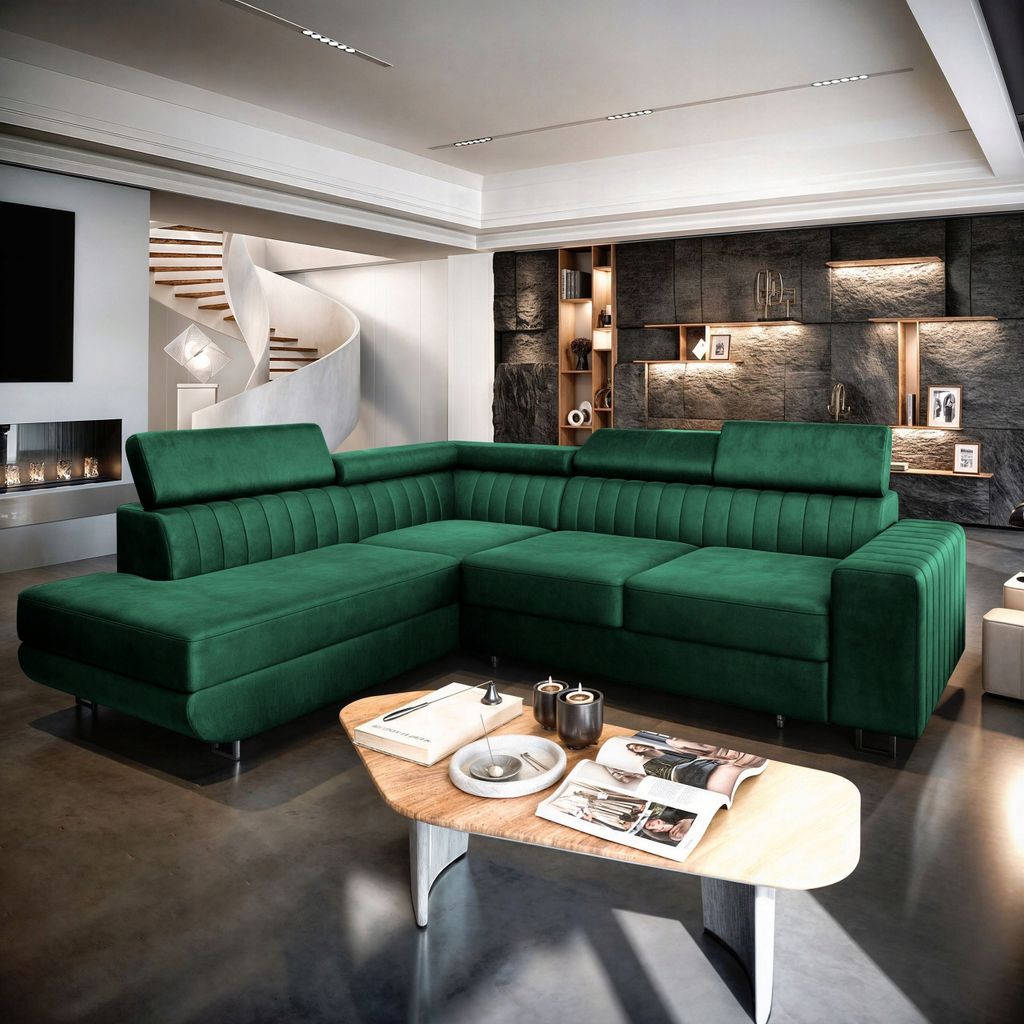 A luxurious green sectional sofa is displayed in a modern living room setting, with a spiral staircase and fireplace visible in the background.