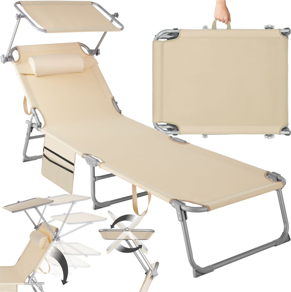 A collage of images showing a foldable sun lounger in beige fabric with a gray metal frame, including a folded state and close-ups of features.