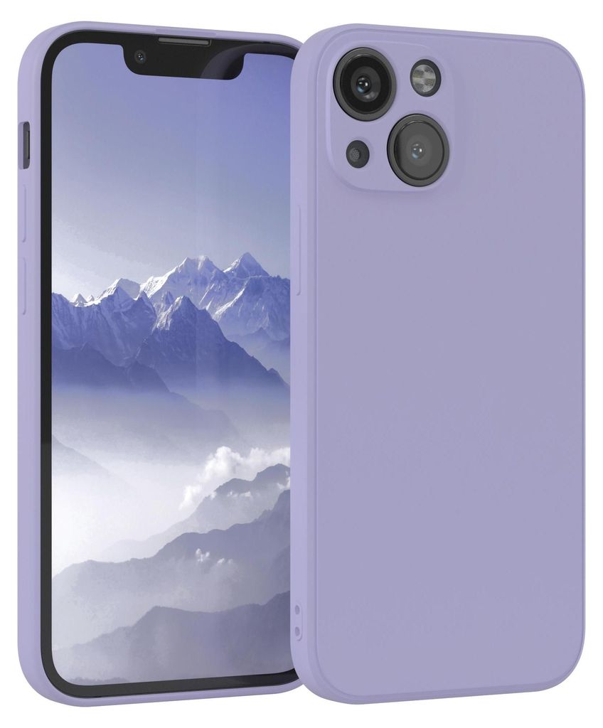 A purple phone case is shown next to a phone displaying a mountain landscape.
