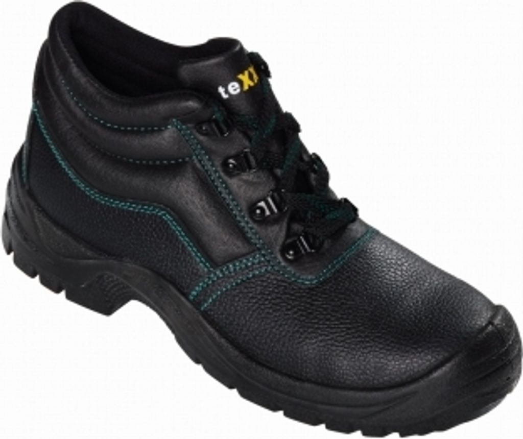A black work boot is shown against a white background.