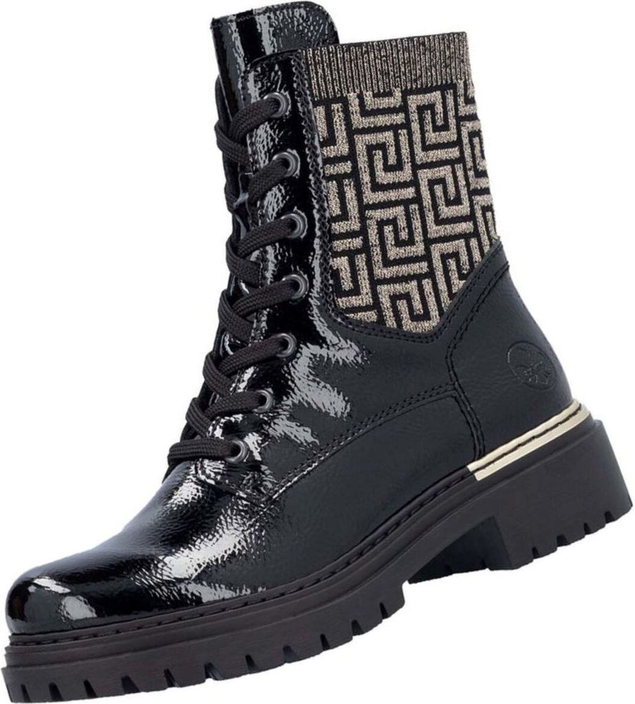A black lace-up boot with a patterned knit cuff and a thick sole.