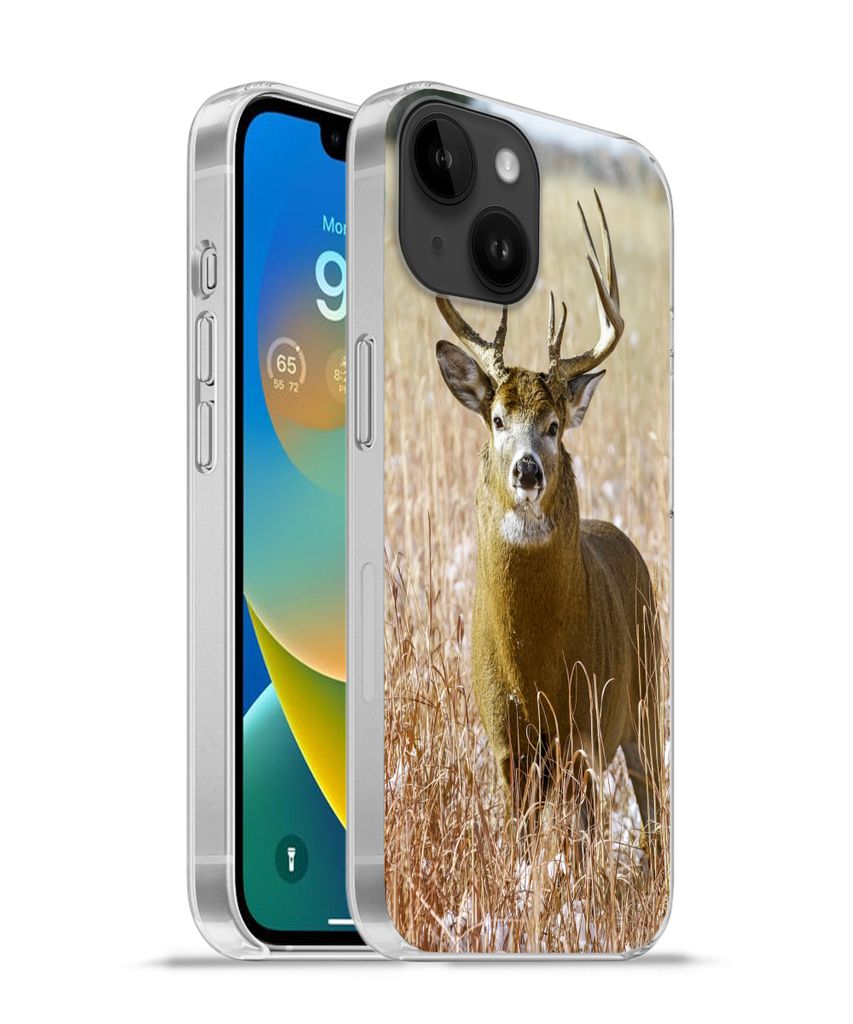MuchoWow Handyhülle Schutzhülle Hülle für Apple iPhone 14 - Softcase Hirsche - Gras - Herbst - Tiere - Natur - Geweih Silikon Softcase Handy ...