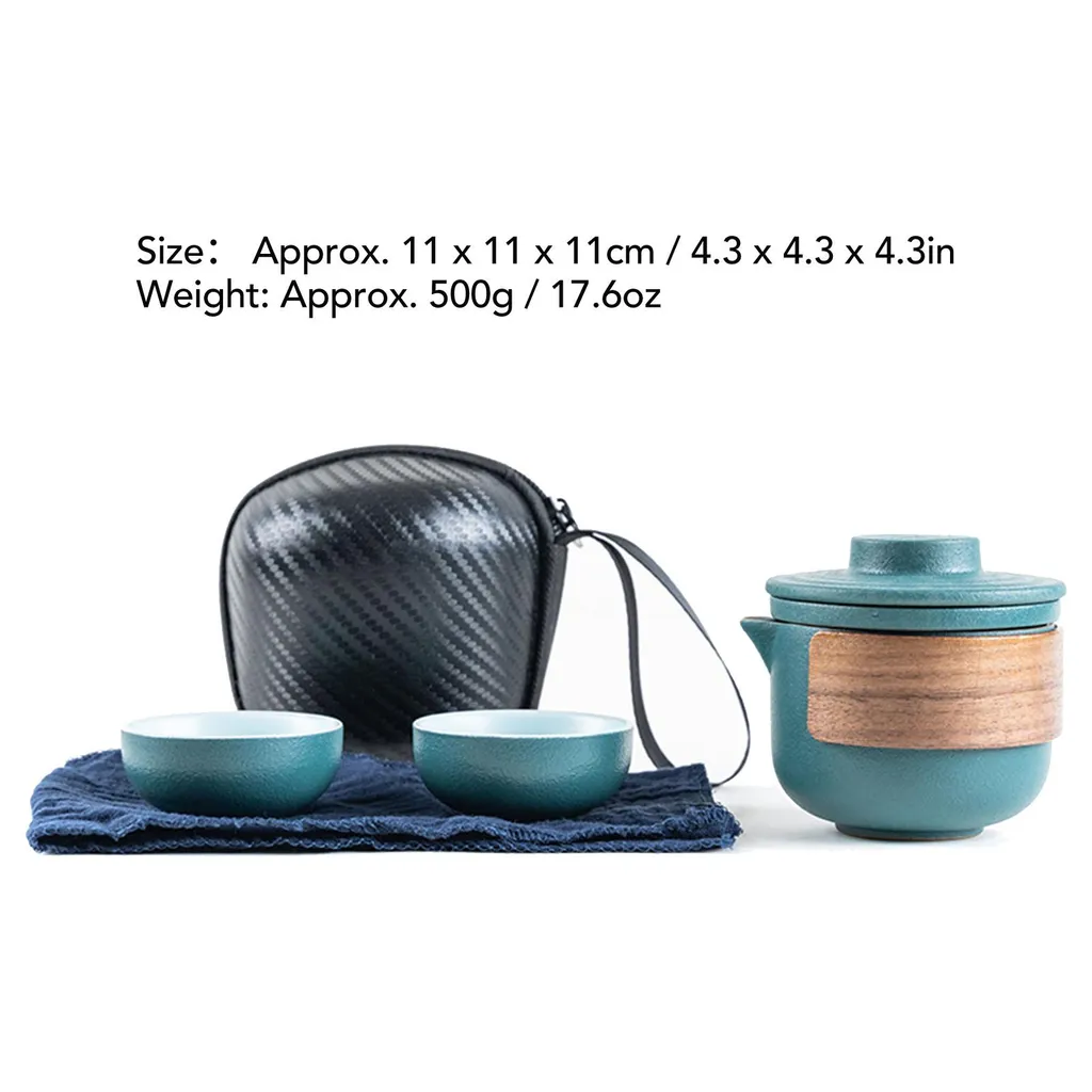 Mini service à thé portable vert, théière et tasses avec étui de voyage