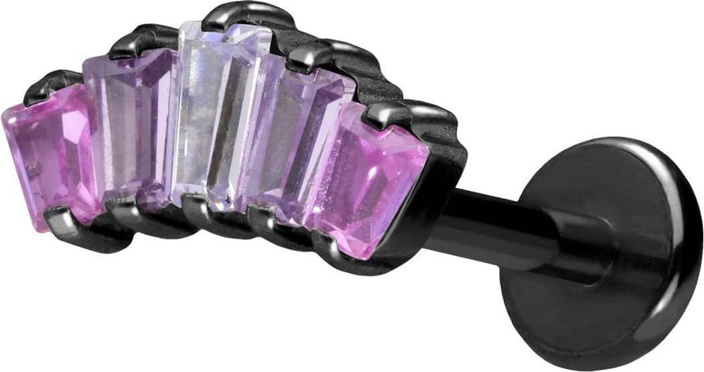 Ohrpiercing, Nasenpiercing Titan Labret mit Push Fit 5 EINGEFASSTE KRISTALLRECHTECKE Schwarz Stablänge: 10mm | Stabstärke: 1mm