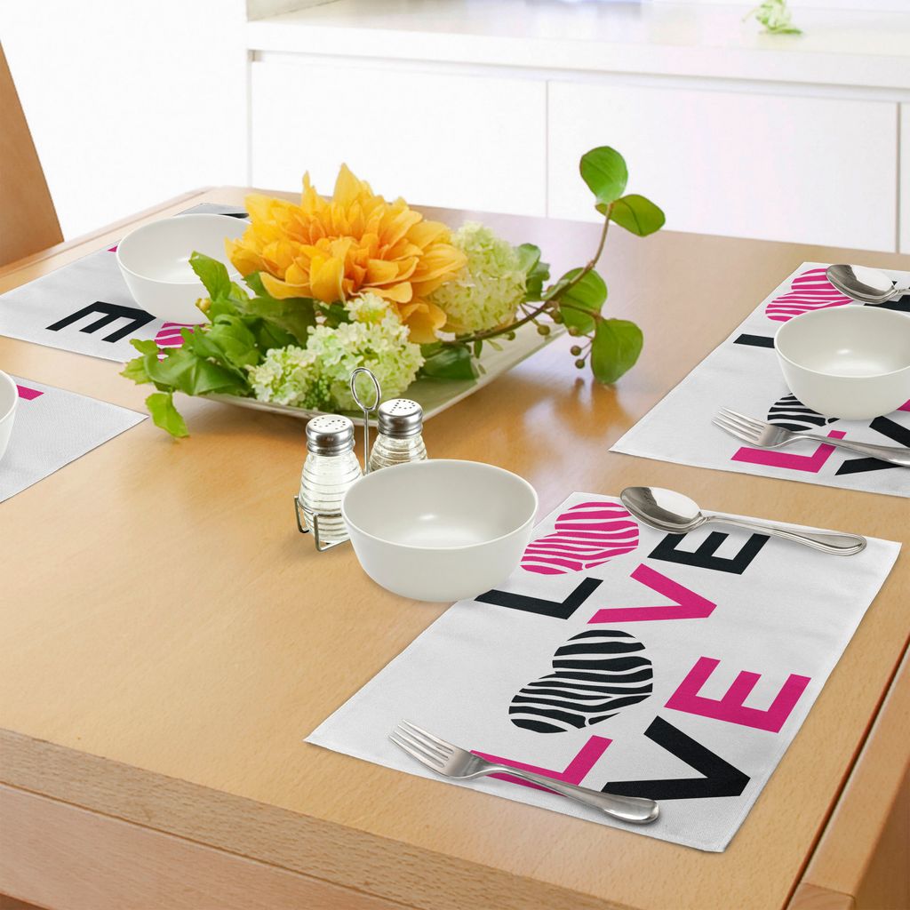 ABAKUHAUS Rosa Zebra Platzmatten, Ich Liebe Dich Kalligraphie Zebra Streifen Herzen Valentines Illustration, Tiscjdeco aus Farbfesten Stoff für da...