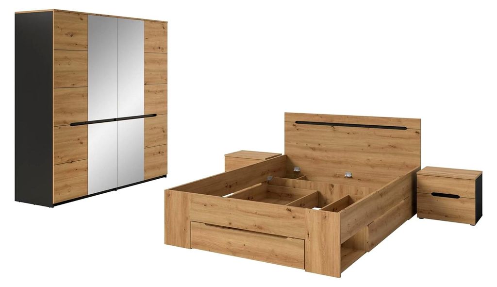 Schlafzimmer-Set Sova – Bett 140x200 mit Stauraum, 2 Nachttischen und 4-türigem Kleiderschrank mit Spiegeltüren in Eiche-Optik und Schwarz, mod...