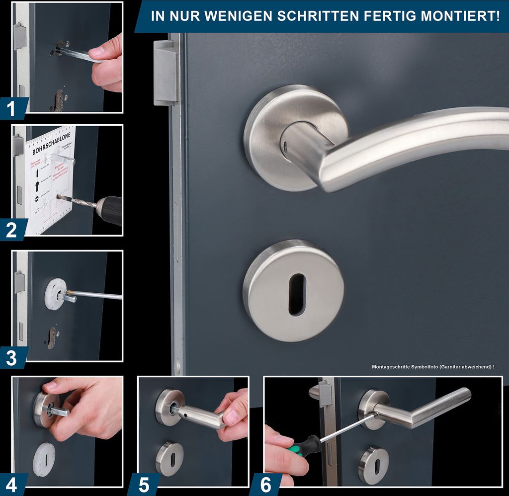 Collage of images showing the step-by-step installation of a door handle.
