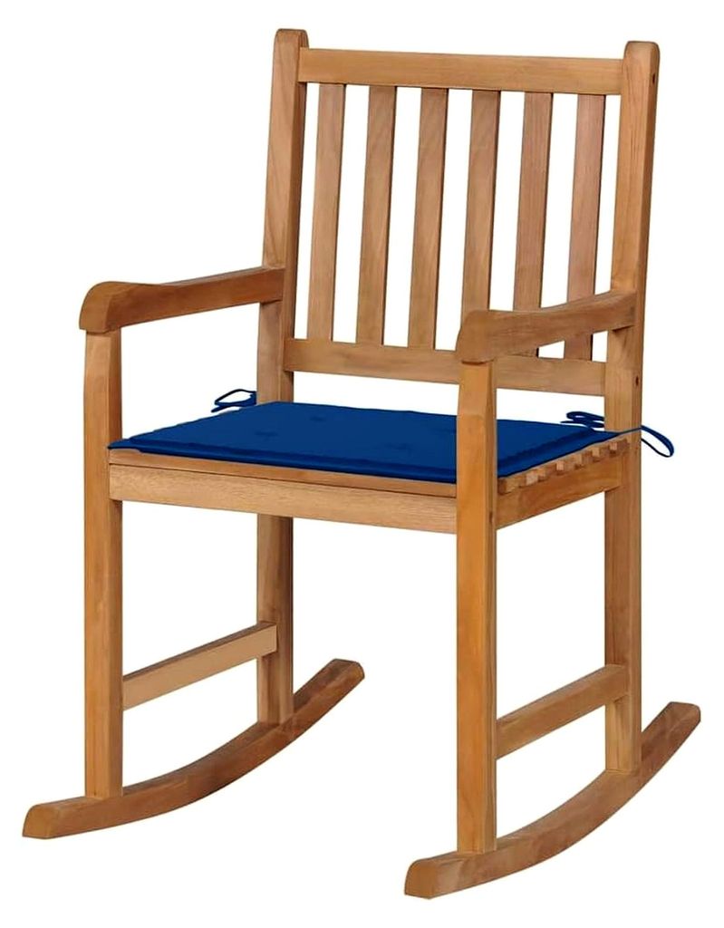 Schaukelstuhl mit königsblauem Kissen aus massivem Teakholz, Relaxsessel für Garten, Schaukelsessel für Balkon, Gartenmöbel Set, 58 x 92,5 x 10...