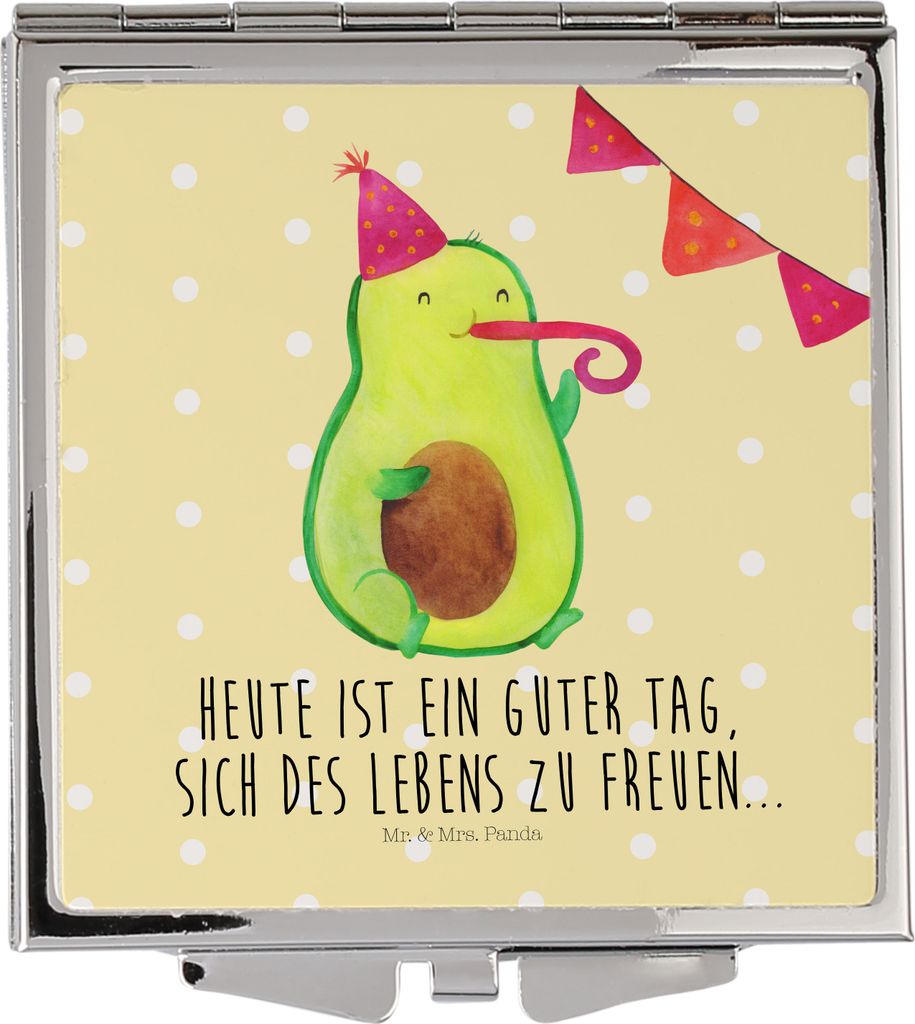 Mr. & Mrs. Panda Kosmetikspiegel Avocado Party - Gelb Pastell - Geschenk, Kleiner Spiegel, Handspiegel, Geburtstag, Happy Birthday, Schminkspiegel,...