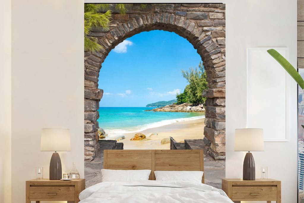 MuchoWow Fototapete für Wohnzimmer oder Schlafzimmer Wandtapete Vinyl Motivtapete Transparent - Strand - Tropisch - Sommer - 145x220 cm - Wandde...