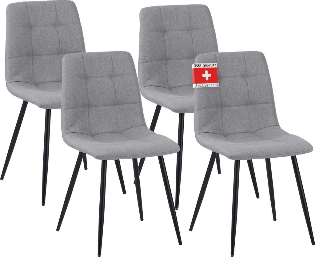 Four gray dining chairs with black legs are arranged in a group against a white background. One chair has a small red and white tag attached to its back.