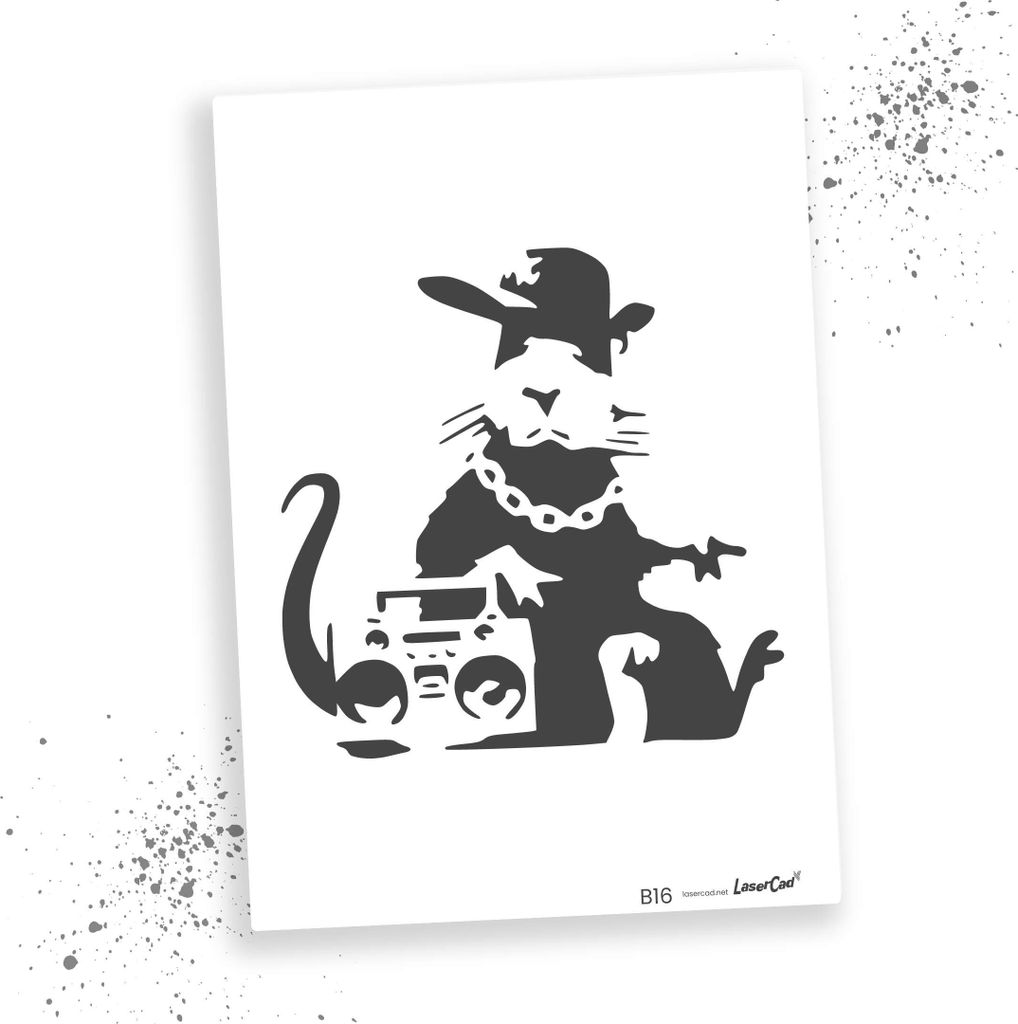 LaserCad Schablonen BANKSY Streetart  (B16, Gangsta Rat, DIN A3) Stencil für Graffiti, Airbrush, Deko