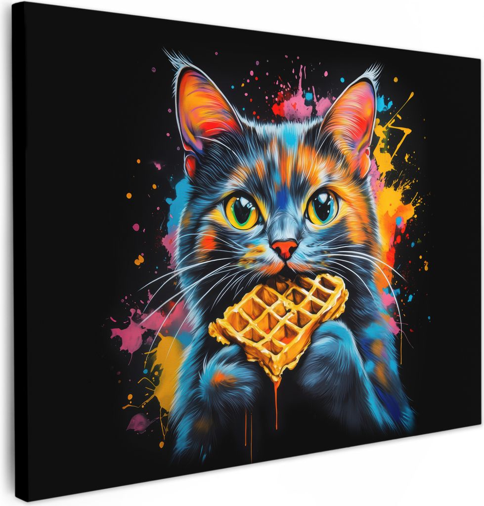 Leinwand Bilder 80x60 cm - Graffiti - Katze - Waffel, Wandbilder, Wanddeko Wohnzimmer, Bild