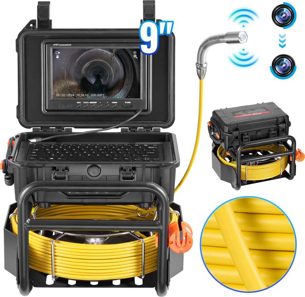 VEVOR Kanalkamera 70 m, selbstnivellierende Rohrinspektionskamera mit 512-Hz-Sender, Entfernungszähler, 9-Zoll-Bildschirm, 1080P HD-Rohrkamera