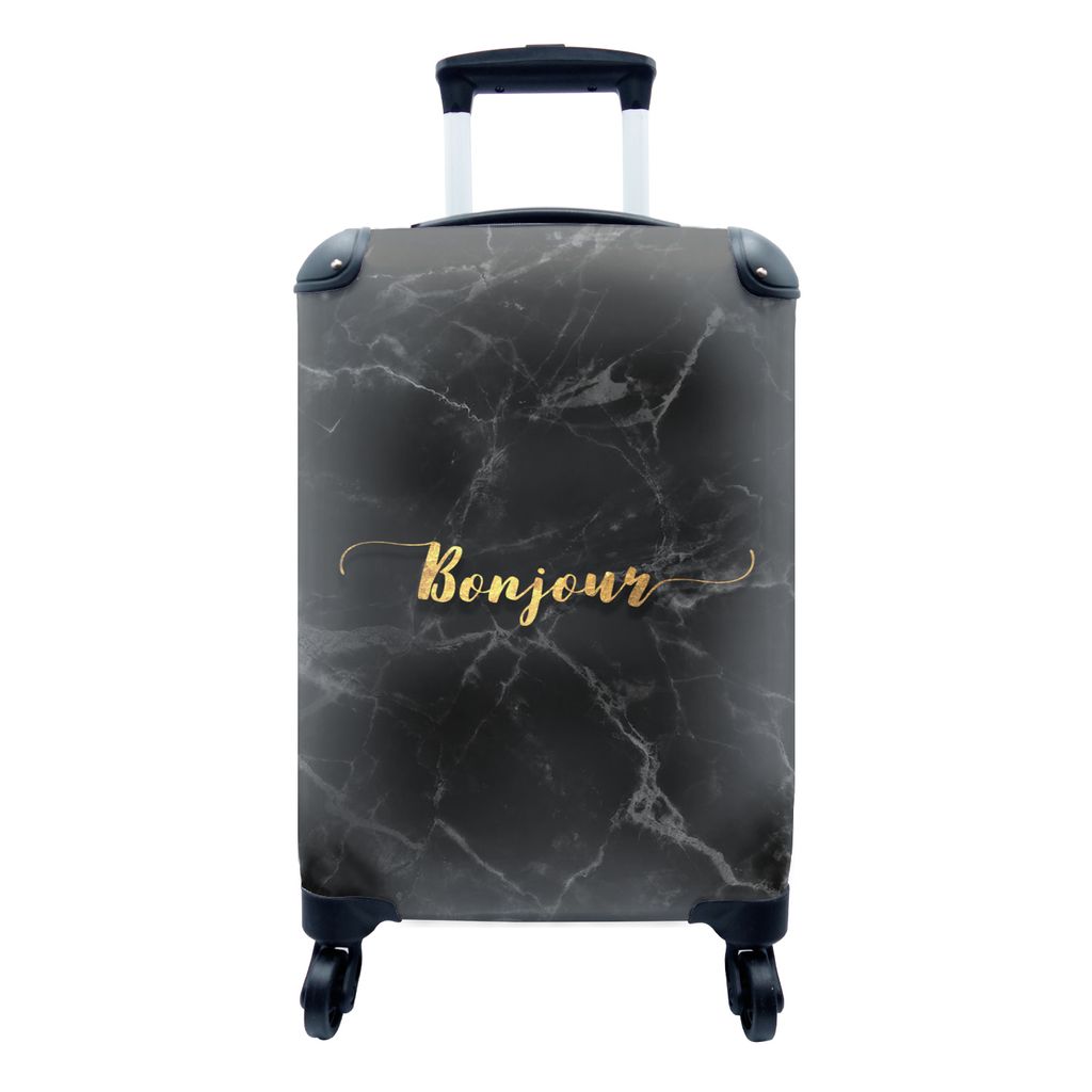 MuchoWow Koffer Handgepäck Trolley Rollkoffer Kleine Reisekoffer mit 4 Rollen - Zitat - Bonjour - Gold - Marmor - Cabin Size < 55x40x23 cm & 55x...