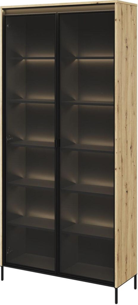 Vitrine TREND TR-07 Vitrinenschrank mit LED-Beleuchtung Standvitrine 92 x 196 cm Regalschrank 2 Türen Schrank Modern (Artisan Eiche)